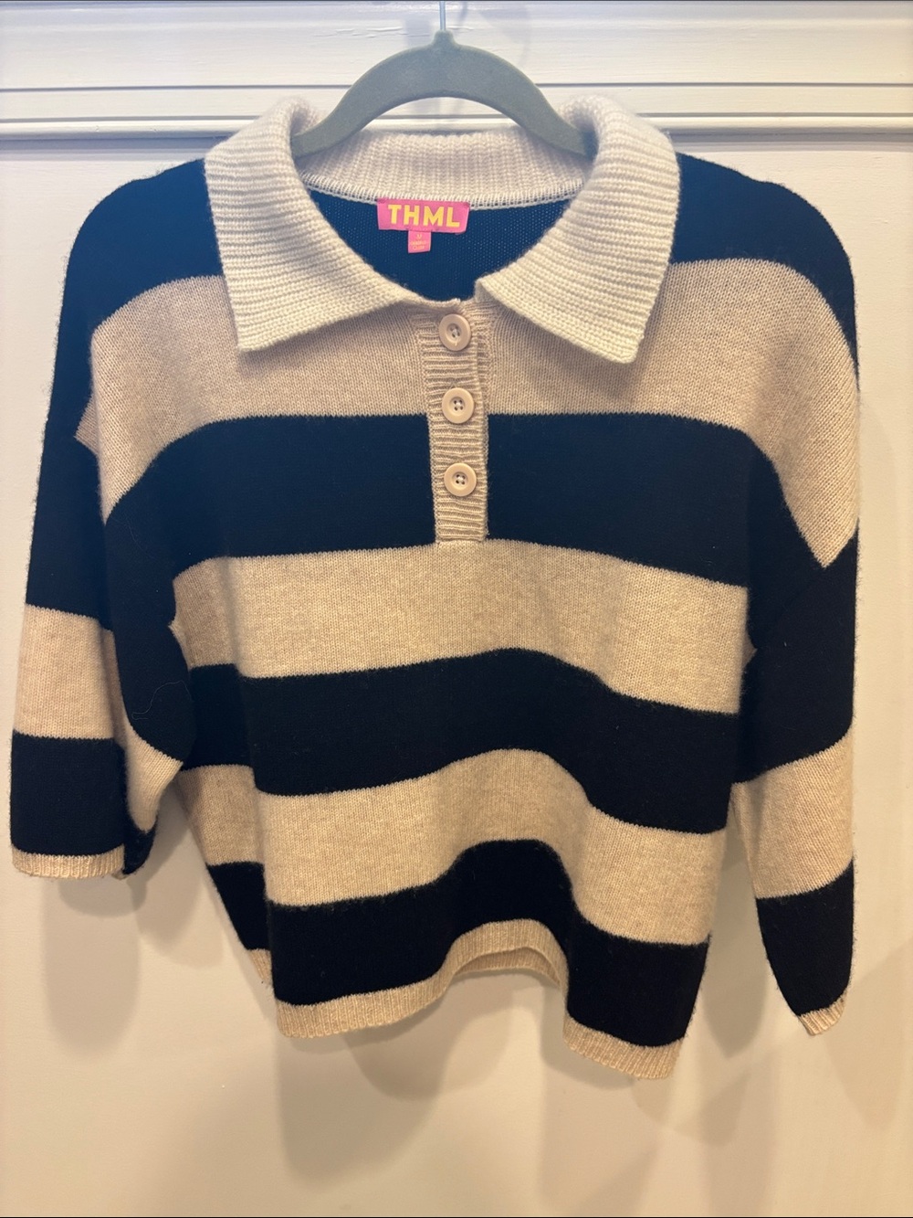 THML Black and Beige Striped Polo elbow length Sweater